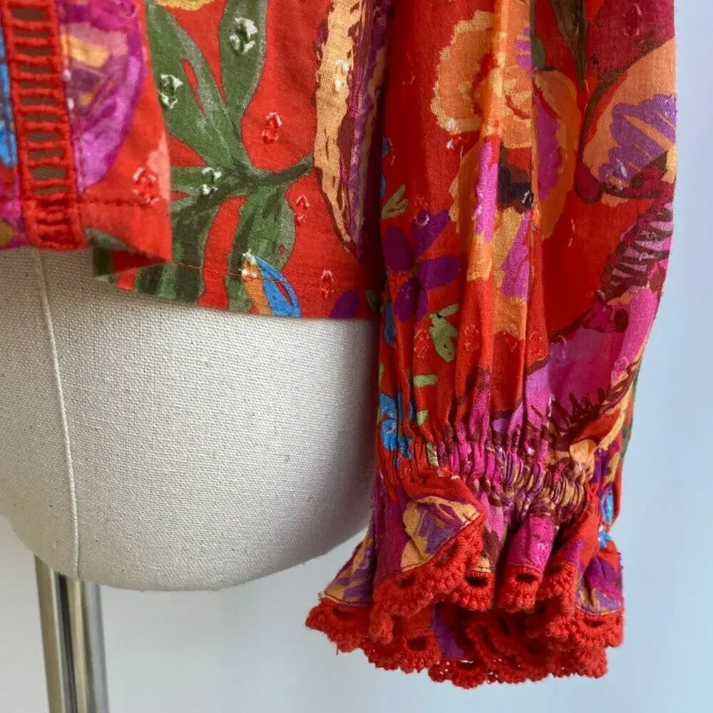 Farm Rio Bananas Ruffle Clip Dot Textured Cotton Blouse RED Puff Sleeve XS